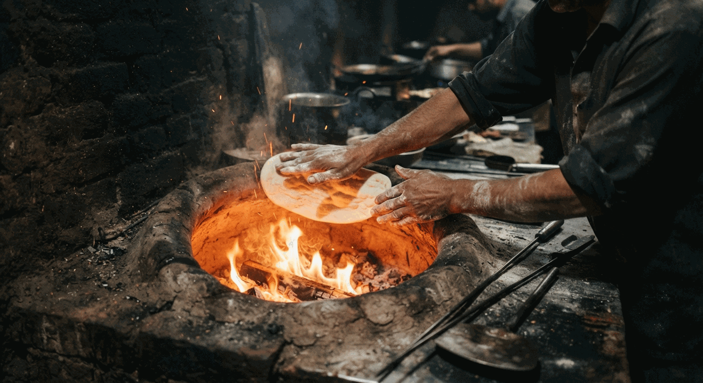 Four Tandoor en pleine cuisson, braises et flammes